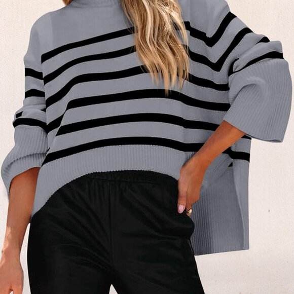 Women's Casual Oversized‎ Long Sleeve Striped Sweater Medium - Picture 3 of 7